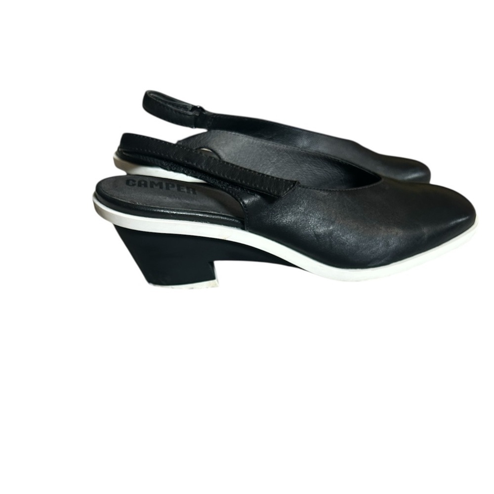 Camper Black Slingback Low Heel Pumps with White Trim